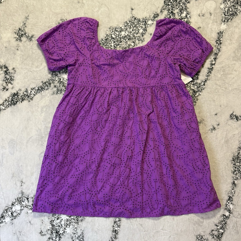 Time And Tru Dress Womens Size 2X Purple Babydoll Eyelet Puff Sleeve Mini